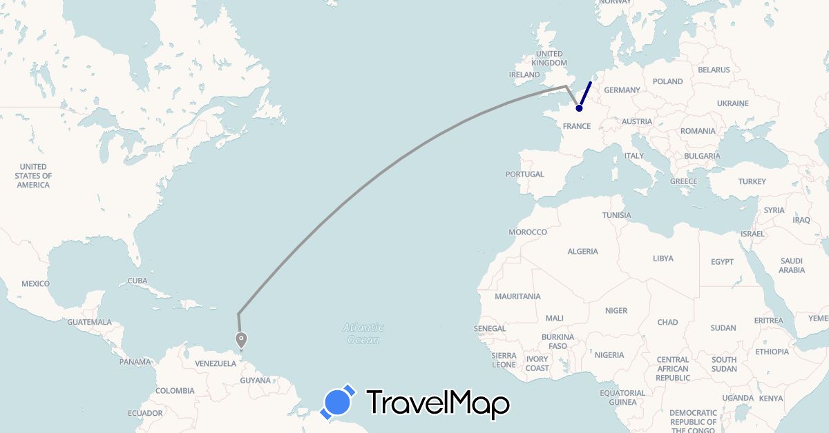 TravelMap itinerary: driving, plane in Antigua and Barbuda, France, United Kingdom, Netherlands, Trinidad and Tobago (Europe, North America)